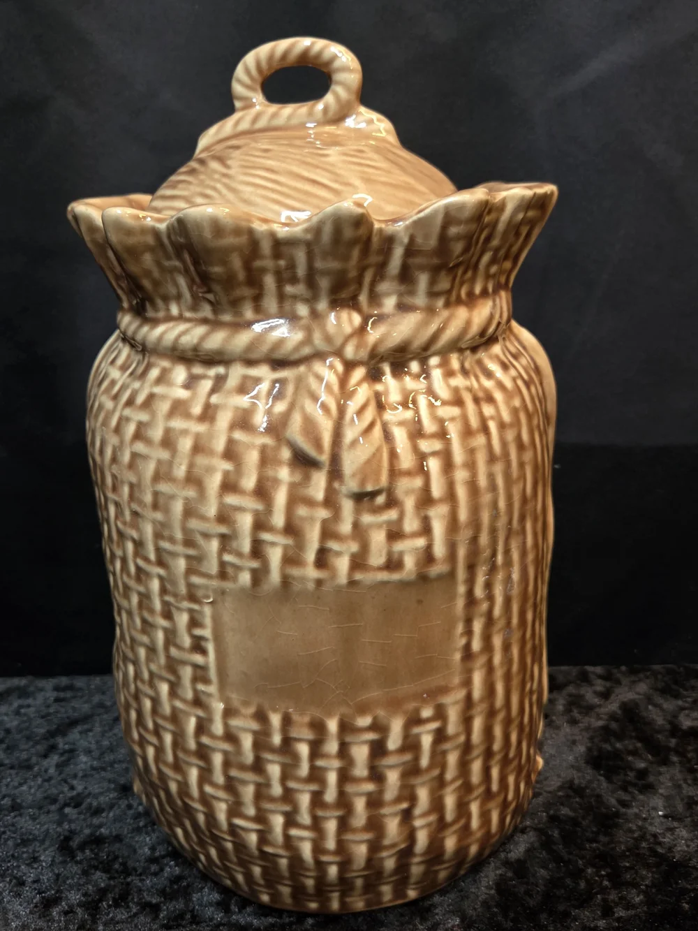 Mccoy Brown Glazed Ceramic Basketweave Cookie Jar with Lid